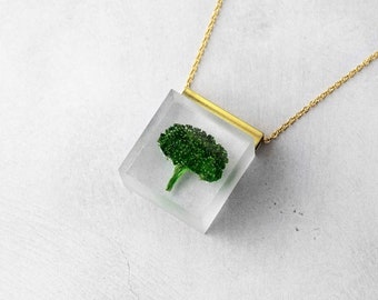 Broccoli necklace, dried flower necklace, minimalist, free shiping, contemporary jewelry, Statement, stainless steel chain