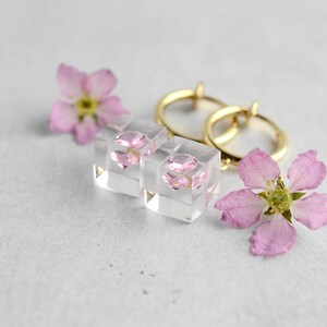 Cherry Blossom Cubic zirconia clip on earrings, SAKURA, minimalist, resin, Gold color, free shipping, stainless steel, contemporary jewelry image 2