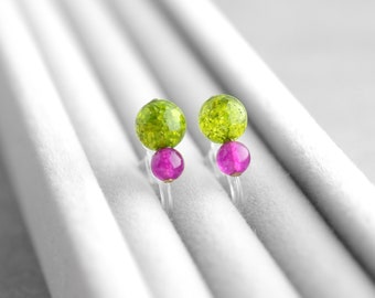 Green crack crystal and Pink Jade stud earrings, resin earrings, minimalist, free shipping, contemporary jewelry, metal allergy-safe