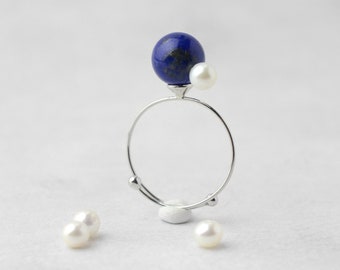 Lapis lazuli and Freshwater pearl ring, minimalist, one size fits-all, resin statement ring, Silver color, free shipping, Brass