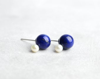 Lapis lazuli and Freshwater pearl stud earrings, minimalist, free shipping, stainless steel, metal allergy-safe