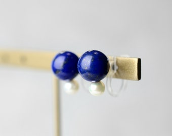 Lapis lazuli and Freshwater pearl clip on earrings, minimalist, free shipping, stainless steel, metal allergy-safe