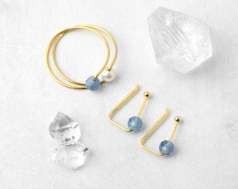 Aquamarine Jewelry set, Clip on earrings, Shell pearl ring, minimalist, Stainless steel, metal allergy-safe, free shipping