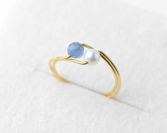 Aquamarine and Shell pearl ring, minimalist, statement ring, Stainless steel, free shipping