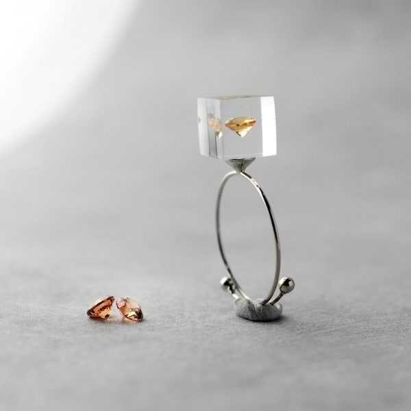 Cubic Zirkonia ring, Champagne goud, minimalistisch, one size fits all, hars statement ring, gratis verzending, messing, hedendaagse sieraden