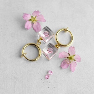 Cherry Blossom Cubic zirconia clip on earrings, SAKURA, minimalist, resin, Gold color, free shipping, stainless steel, contemporary jewelry image 1