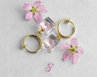 Cherry Blossom Cubic zirconia clip on earrings, SAKURA, minimalist, resin, Gold color, free shipping, stainless steel, contemporary jewelry