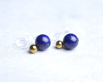 Lapis lazuli and Hematite clip on earrings, silicon resin, minimalist, free shipping, metal allergy-safe