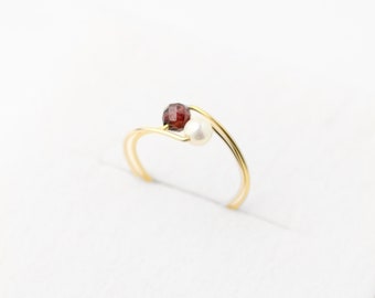 Garnet and Shell pearl ring, minimalist, statement ring, Stainless steel, free shipping