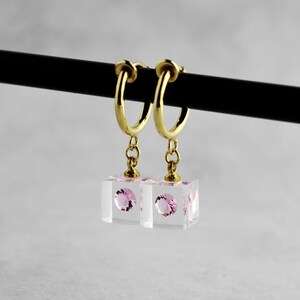 Cherry Blossom Cubic zirconia clip on earrings, SAKURA, minimalist, resin, Gold color, free shipping, stainless steel, contemporary jewelry image 4