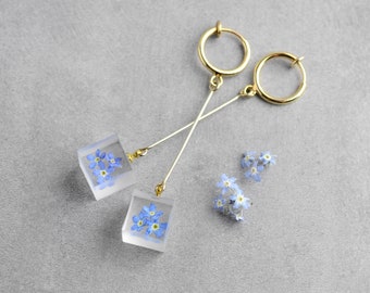 forget-me-not long earrings, contemporary jewelry, minimalist, real flower earrings, clip on earrings, dried flower