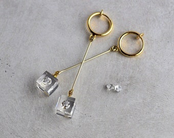 Cubic zirconia, minimalist, clip on long earrings, Gold color, free shipping, Stainless steel, contemporary jewelry, metal allergy-safe