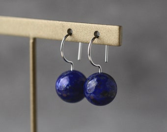 Lapis lazuli drop earrings, Silver color, minimalist, free shipping, stainless steel, metal allergy-safe