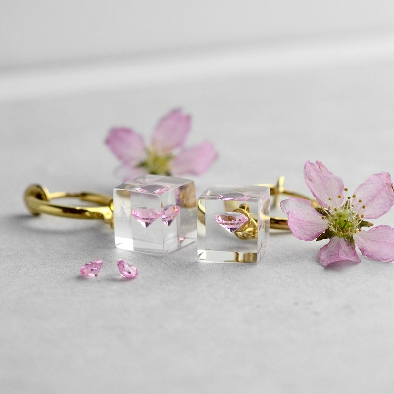 Cherry Blossom Cubic zirconia clip on earrings, SAKURA, minimalist, resin, Gold color, free shipping, stainless steel, contemporary jewelry image 3