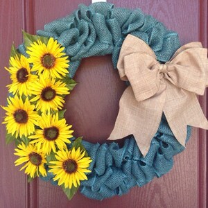 Sunflower Wreath, Spring Wreath, sunflower burlap wreath, summer wreath, summer sunflower wreath, personalized wreath, blue burlap wreath