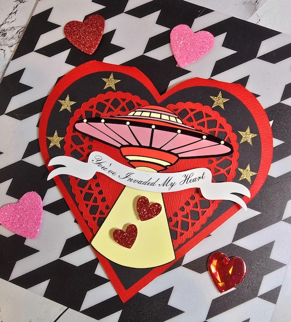 Love Alien Spaceship UFO Heart Shaped Creepy Greeting Card