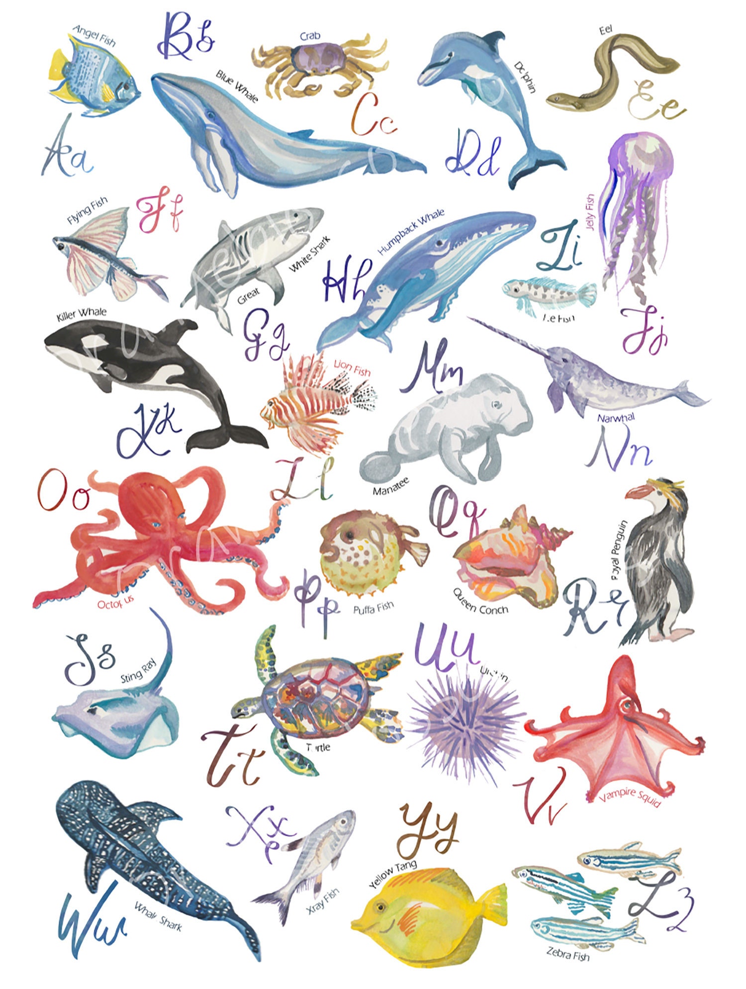 Animal Alphabet Print AZ sea creatures Nursery Art Kids Etsy