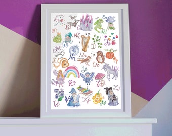 Watercolor Fairytale Alphabet Print, Unicorn Nursery Art