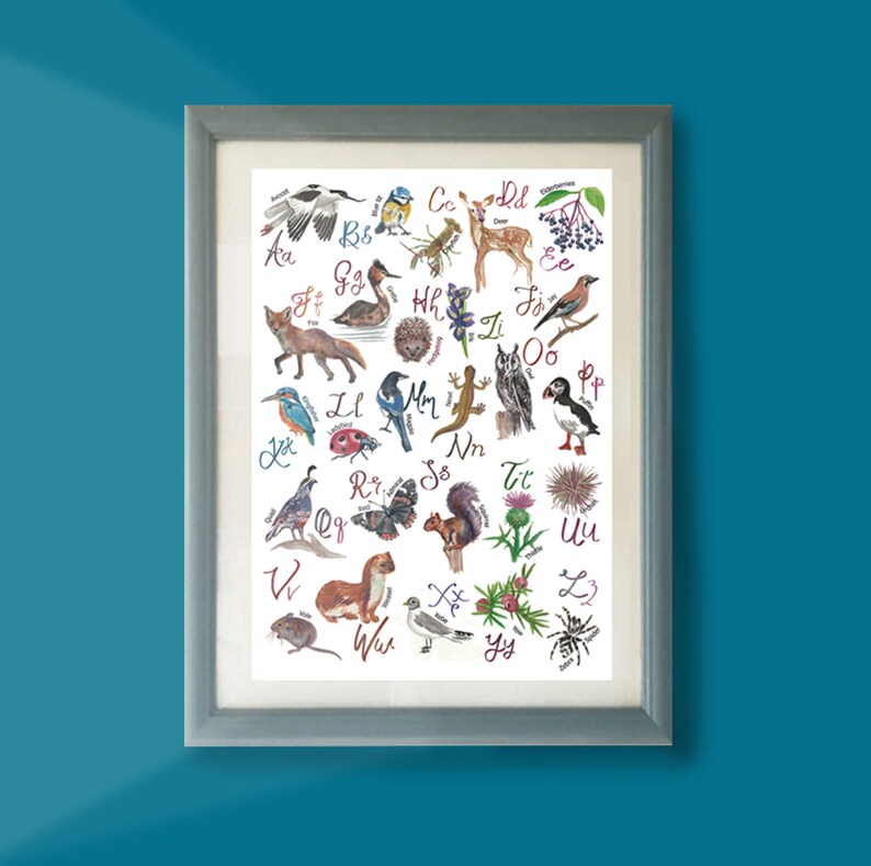 May include: Framed watercolor print featuring an illustrated alphabet with animals and plants. The artwork includes a deer, fox, owl, and squirrel, with each letter of the alphabet represented by a different animal or plant. The frame is a light gray color.