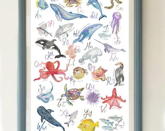 Sea Animals Alphabet Watercolor Print, Nursery Wall Art