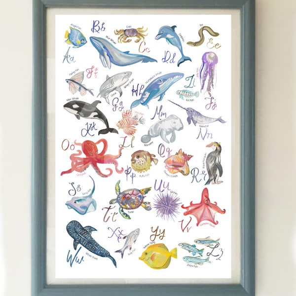 Sea Animals Alphabet Print, A-Z sea creatures, Nursery Art, Kids Posters, Baby wall art, Alphabet poster, alphabet print, sea life