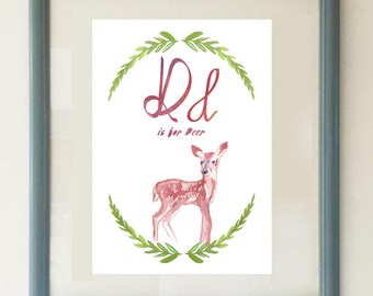 Nursery art, D is for Deer, nursery art, woodland nursery art, Deer nursery art, letter D, nursery decor, animal alphabet