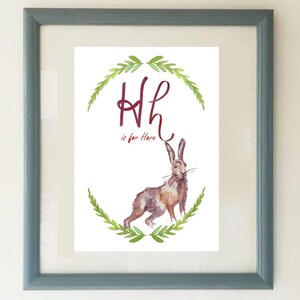 H es para la liebre, arte del vivero, arte del vivero del bosque, arte del vivero de la liebre de la liebre, letra H, decoración del vivero