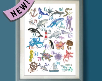 Watercolor Nautical Alphabet Print, Sea Creatures, Nursery Decor