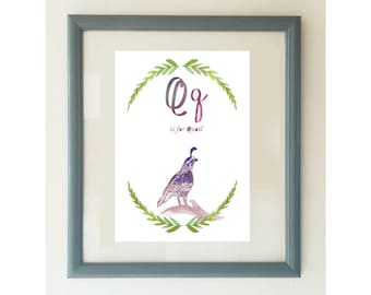 Q is for Quail Nursery Art Print, Woodland Animals