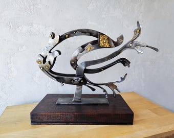 Abstract Metal Fish Sculpture – Modern Forged Art with Brass Accents on Wooden Base