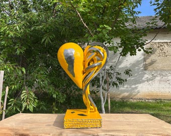 Original yellow heart sculpture - Abstract metal art