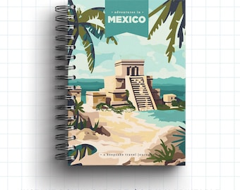 May include: A printable 8.5 x 11 inch travel journal cover featuring a colourful illustration of a Mayan temple in front of a turquoise ocean and palm trees. The text "adventures in MEXICO" is on the cover.