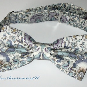 Grey Liberty bow ties for men and boys. Pre-tied cotton wedding bowtie for groom and groomsmen. Liberty print 'Lodden'.