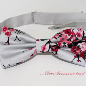 Silver grey floral bow tie for men & boys. Pre-tied wedding bowtie with cherry blossoms print.  Adult pocket squares available.