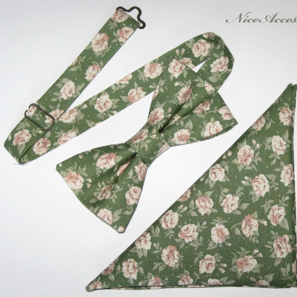 Men's green floral bow tie & optional pocket square. Fern green and beige pre-tied wedding bowtie.