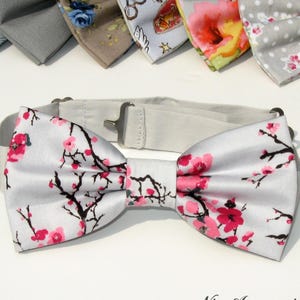 Silver grey floral bow tie for men. Pre-tied wedding bowtie with cherry blossoms print. Gift for husband/son/father/boyfriend.