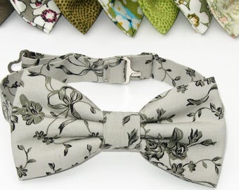 Olive green floral bow tie for men. Pre-tied cotton wedding bowties.