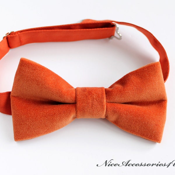 Burnt orange velvet bow tie for men & boys. Fall wedding bowties for groom and groomsmen. Men's cotton pre-tied bowtie.