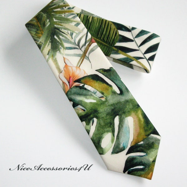 Tropical print green tie for men. Beach wedding skinny necktie. Palm leaves floral slim neck tie for groom & groomsmen.