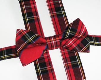 Pajarita y tirantes de tartán rojo y negro para hombre y niño. Conjunto navideño de tirantes y pajarita a cuadros para bebé/niño pequeño/niño.