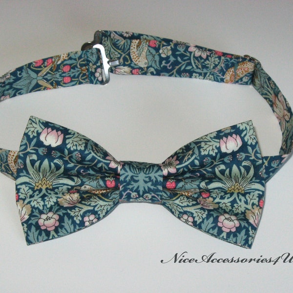 Green Liberty floral bow tie for men & boys. Liberty print William Morris design 'Strawberry Thief'. Sage green wedding bowtie.