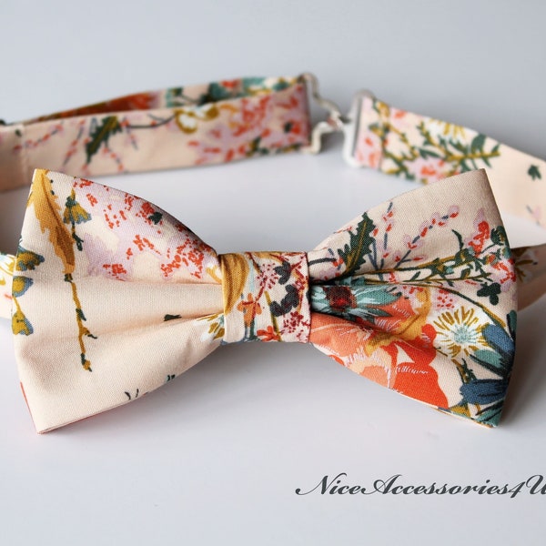 Peach floral bow tie for men & boys.  Pre-tied cotton bowtie with orange and blue flowers print. Wedding bowties for groom and groomsmen.
