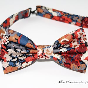 Rust floral bow tie for men & boys. Pre-tied cotton wedding bowtie Liberty print 'Thorpe' in burnt orange, blue and grey.