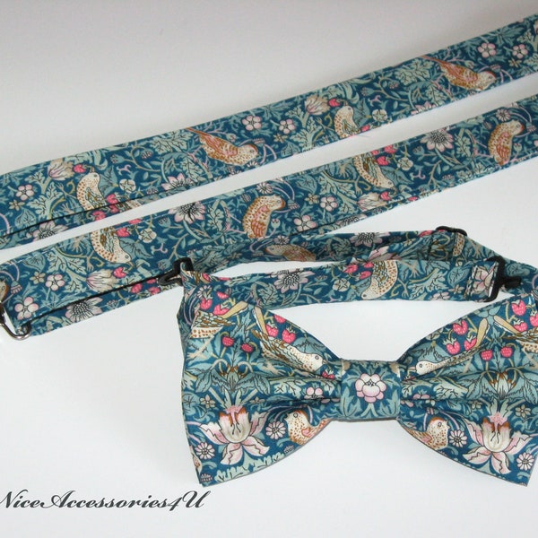 Liberty floral green suspenders and bow tie for men & kids. Liberty print William Morris design 'Strawberry Thief' Sage green wedding outfit