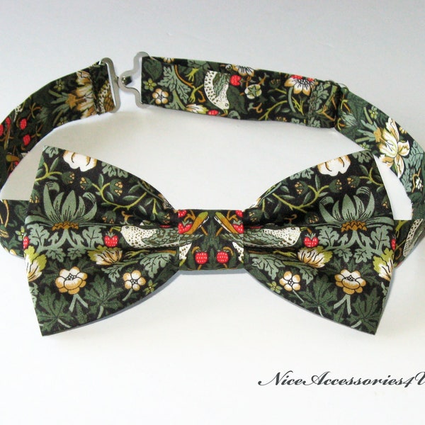 Forest green floral bow tie for men & boys. Liberty print William Morris design 'Strawberry Thief'. Dark sage and black wedding bowtie.