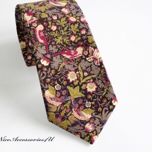 Liberty print men's necktie. Olive & mulberry slim tie for men and optional pocket square. Skinny wedding neckties.  Handkerchief for men.