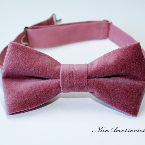 Antique rose velvet bow tie for men & boys. Wedding bowties for groom and groomsmen. Deep rose pre-tied cotton bowtie for women.