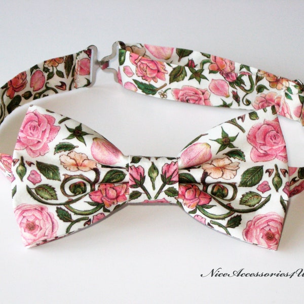 Pink & green floral bow tie for men and boys. Roses design wedding bowtie for groom and groomsmen Liberty of London print 'Penrose'.