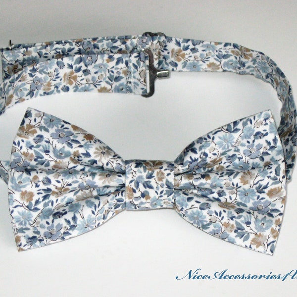 Grey blue floral Liberty bow tie for men & boys. Dusty blue and tan pre-tied wedding bowtie Liberty print 'Hannah Rose'