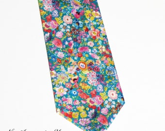 Teal floral Liberty tie for men. Skinny/Slim/Regular wedding necktie. Yellow, pink & blue neck tie Liberty print 'Classic Garden'